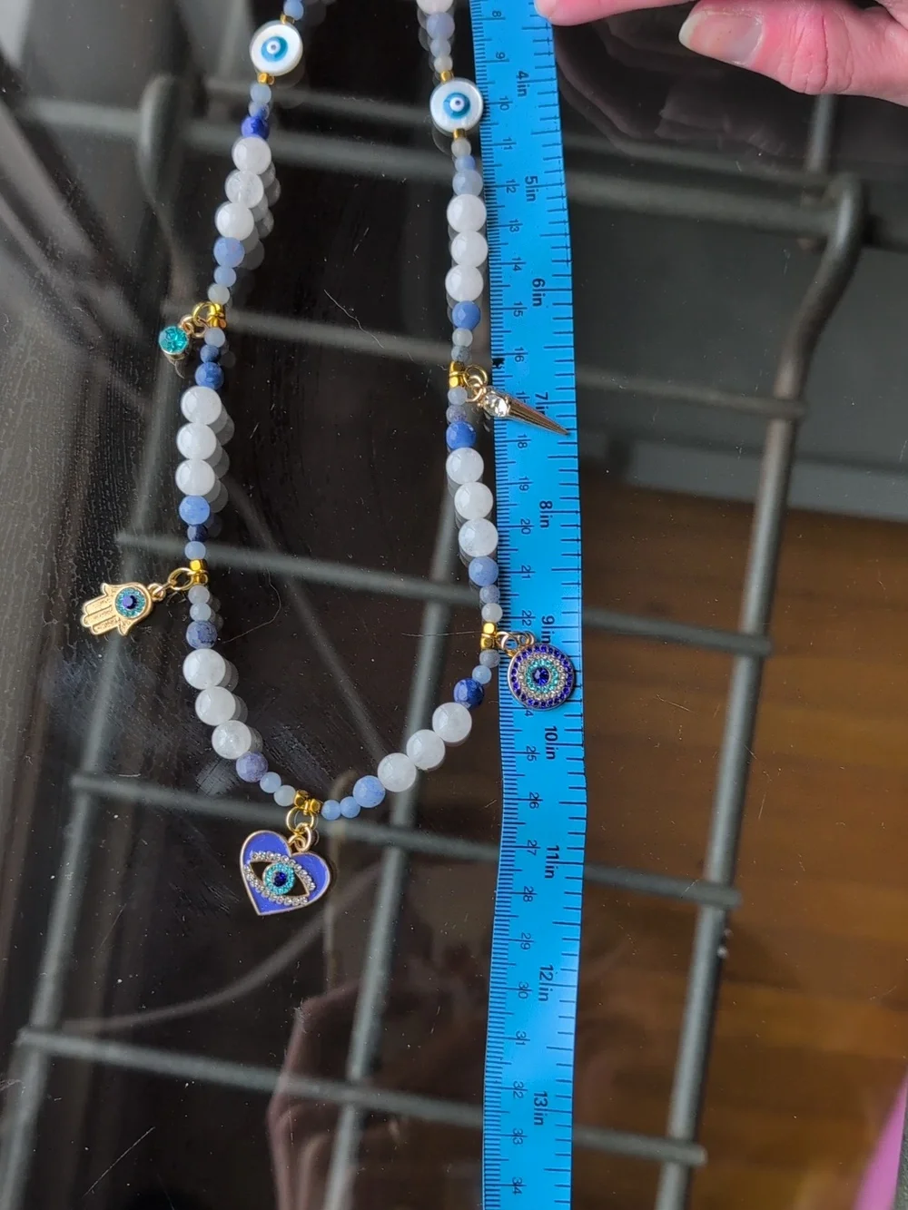 Handmade Blue advetureine and White Quartz Beaded Evil Eye Charm Necklace - Picture 5 of 5